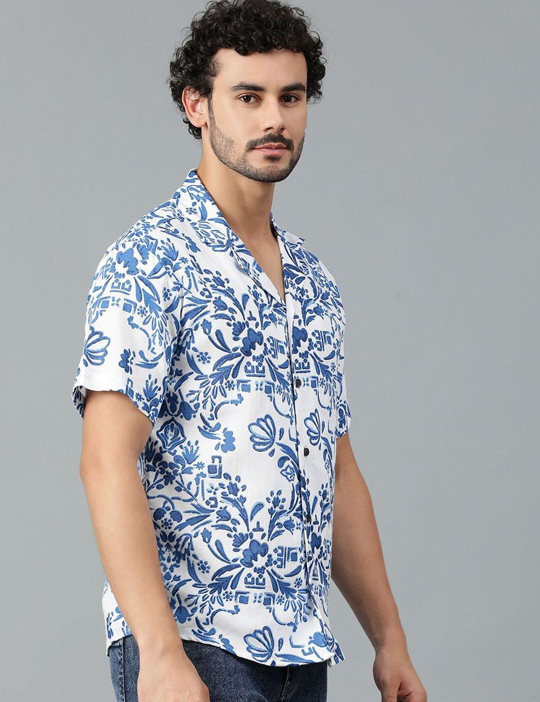 Kotty Men Cuban Collar Floral Printed Casual Shirt