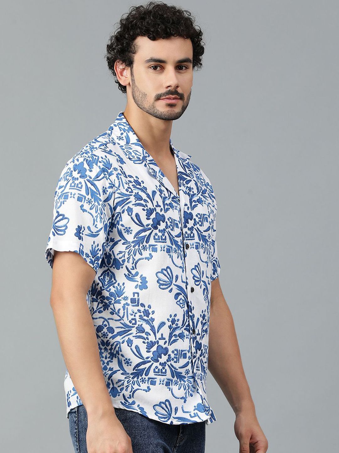 Kotty Men Cuban Collar Floral Printed Casual Shirt
