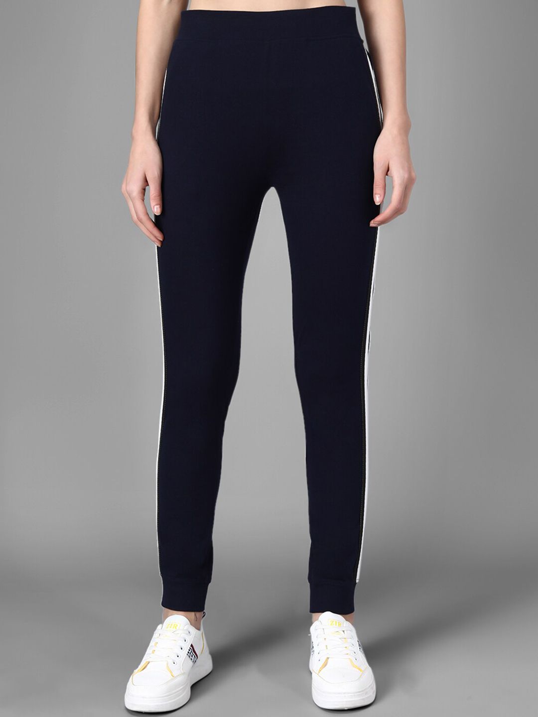 Kotty Women Navy Blue Solid Joggers with Side Stripes