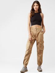Kotty Women Beige Boyfriend Fit Solid Cargos