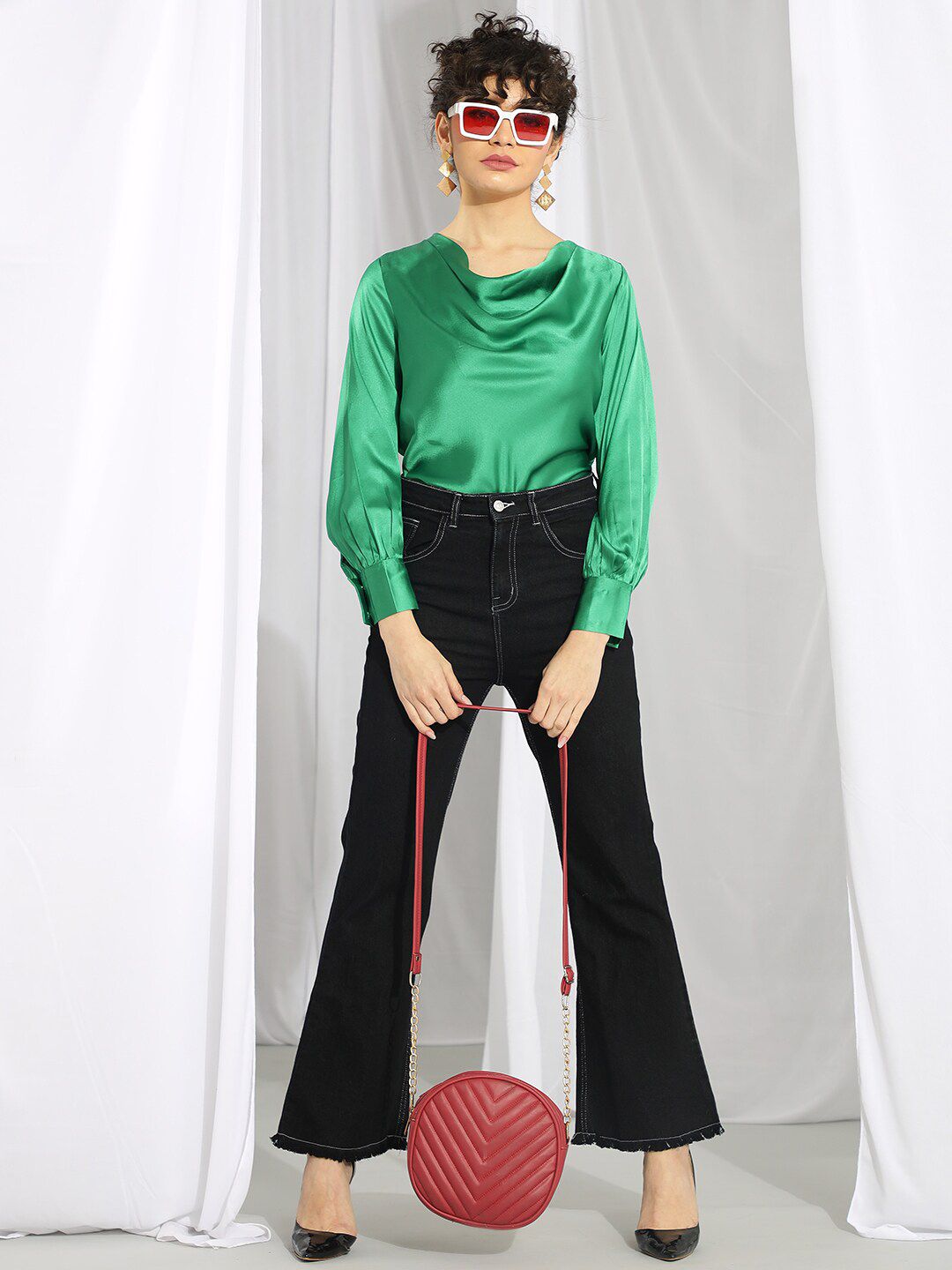 Kotty Green Cowl Neck Bishop Sleeves Satin Top