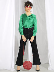 Kotty Green Cowl Neck Bishop Sleeves Satin Top