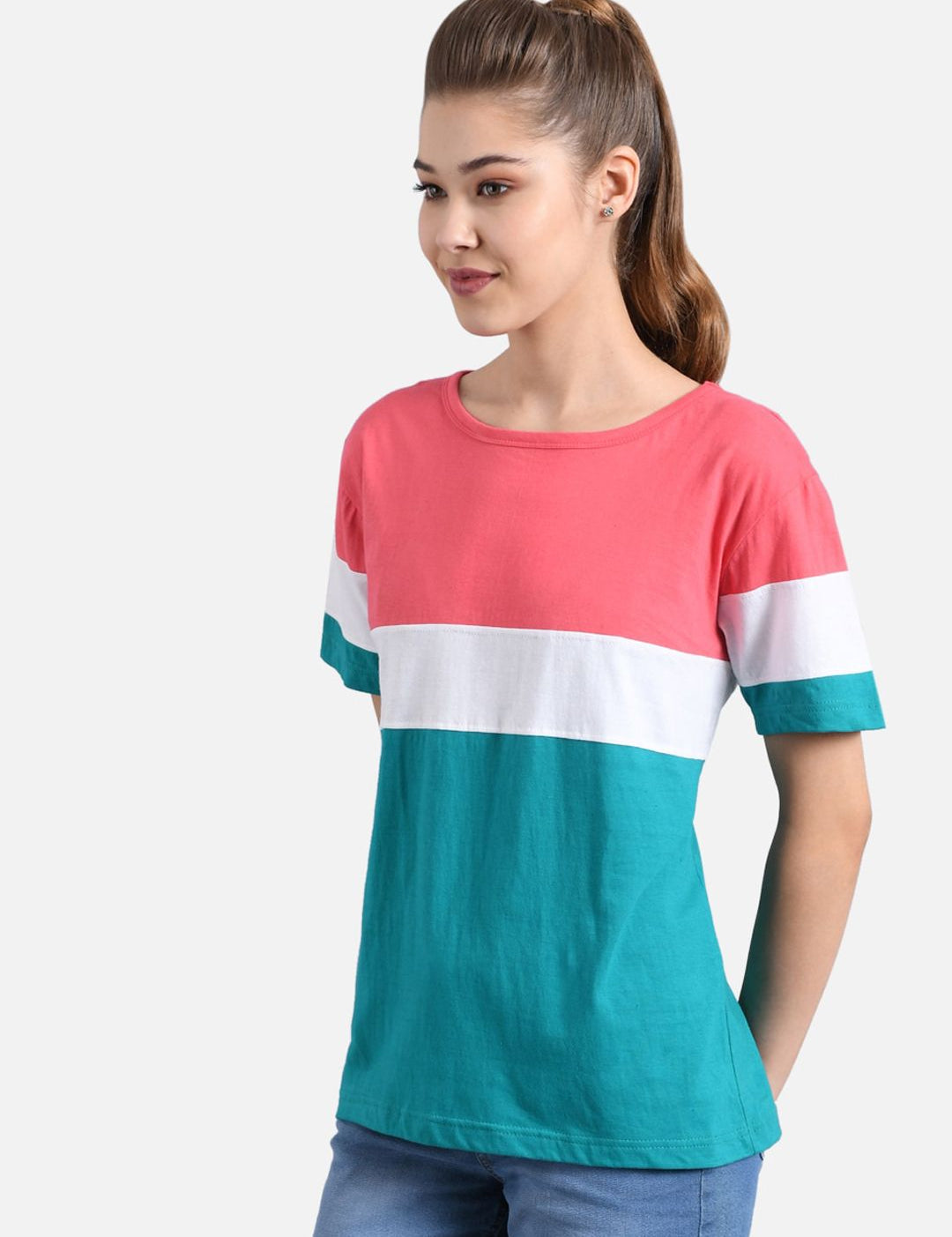 Kotty Women Teal Green & Peach-Coloured Colourblocked Round Neck T-shirt