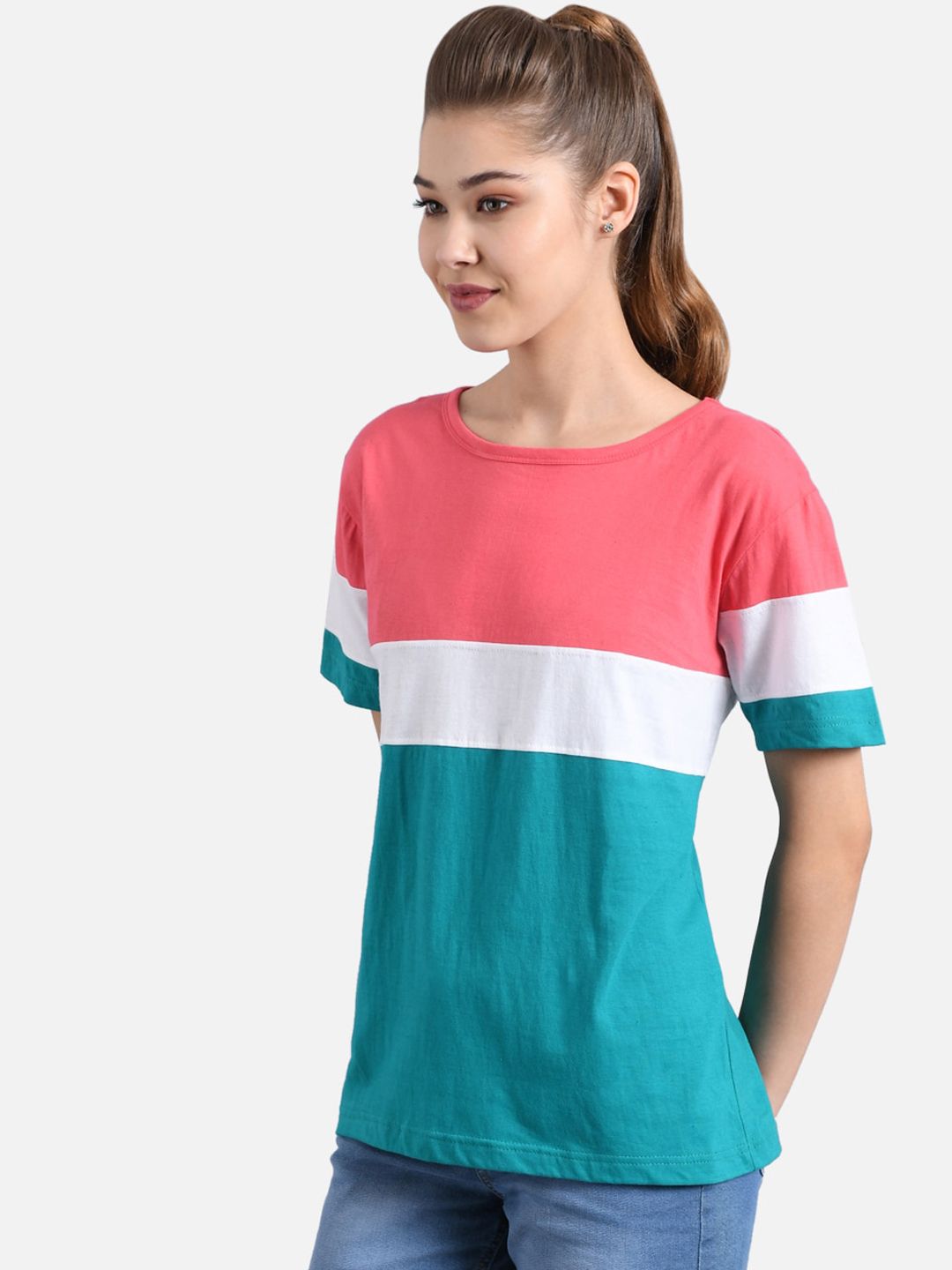 Kotty Women Teal Green & Peach-Coloured Colourblocked Round Neck T-shirt