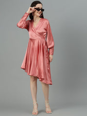 Kotty Cuffed Sleeves Pleated Satin Wrap Dress