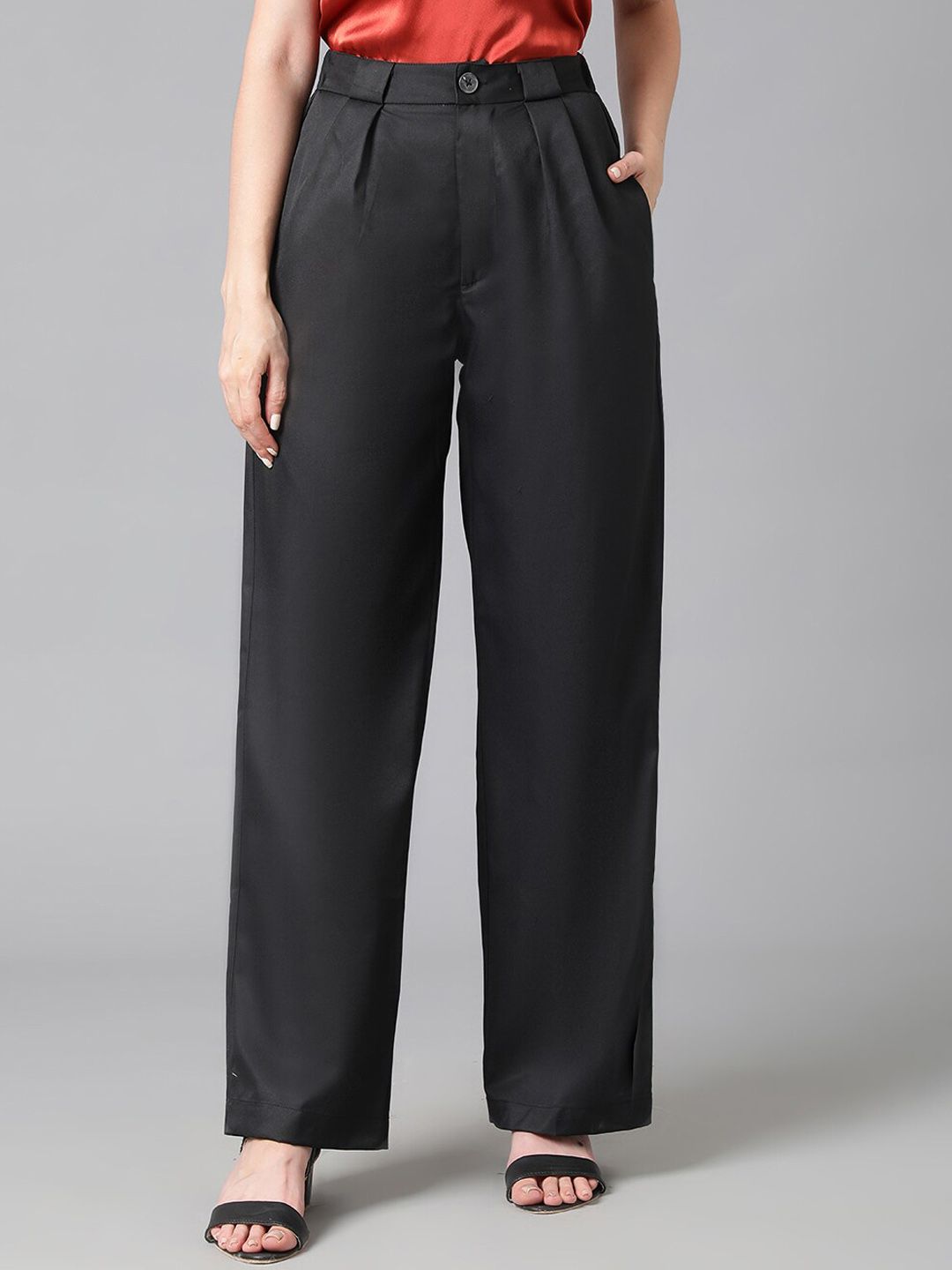 Kotty Women Black Relaxed Straight Leg Straight Fit High-Rise Easy Wash Pleated Trousers