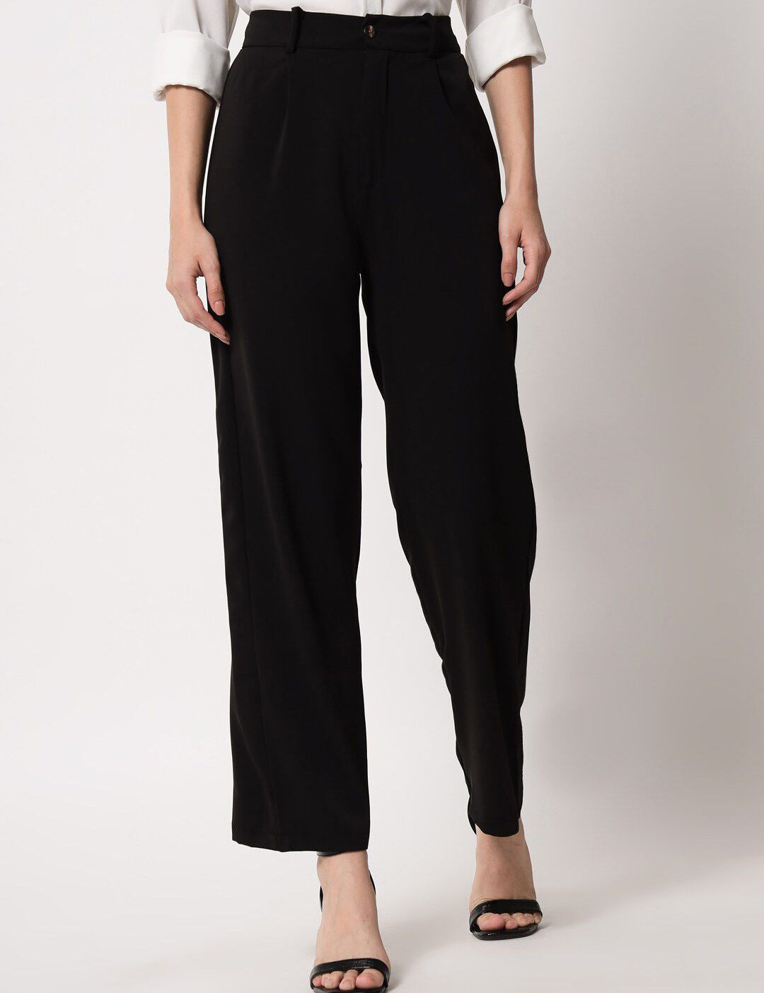 KOTTY BIZwear Women Black Relaxed Straight Leg Straight Fit High-Rise Easy Wash Pleated Trousers