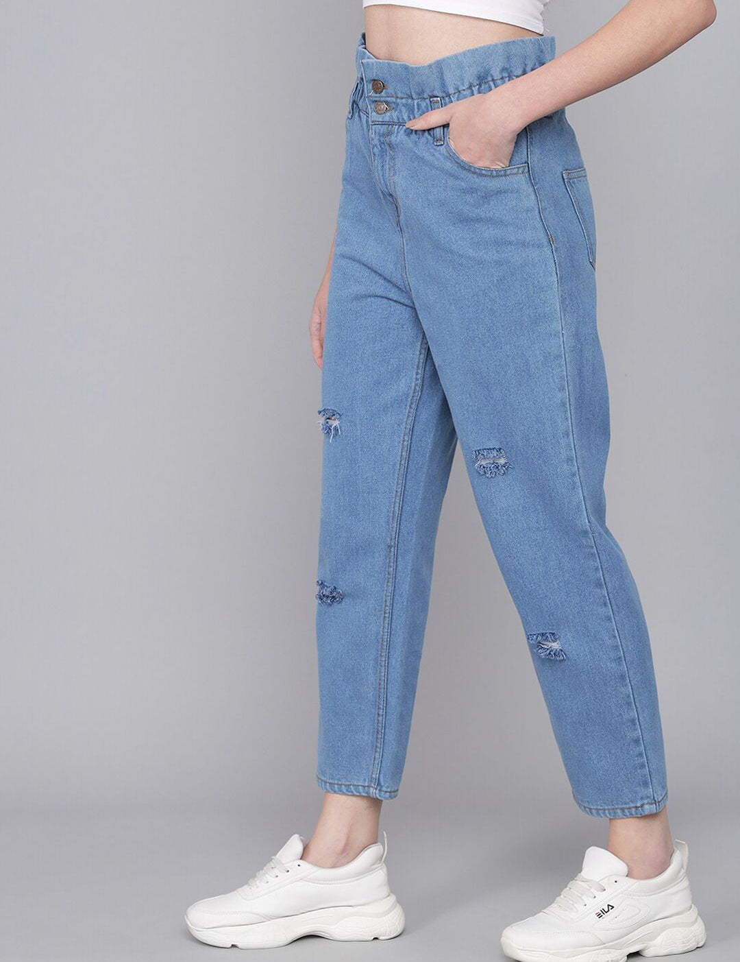 Kotty Women Blue Boyfriend Fit High-Rise Mildly Distressed Jeans