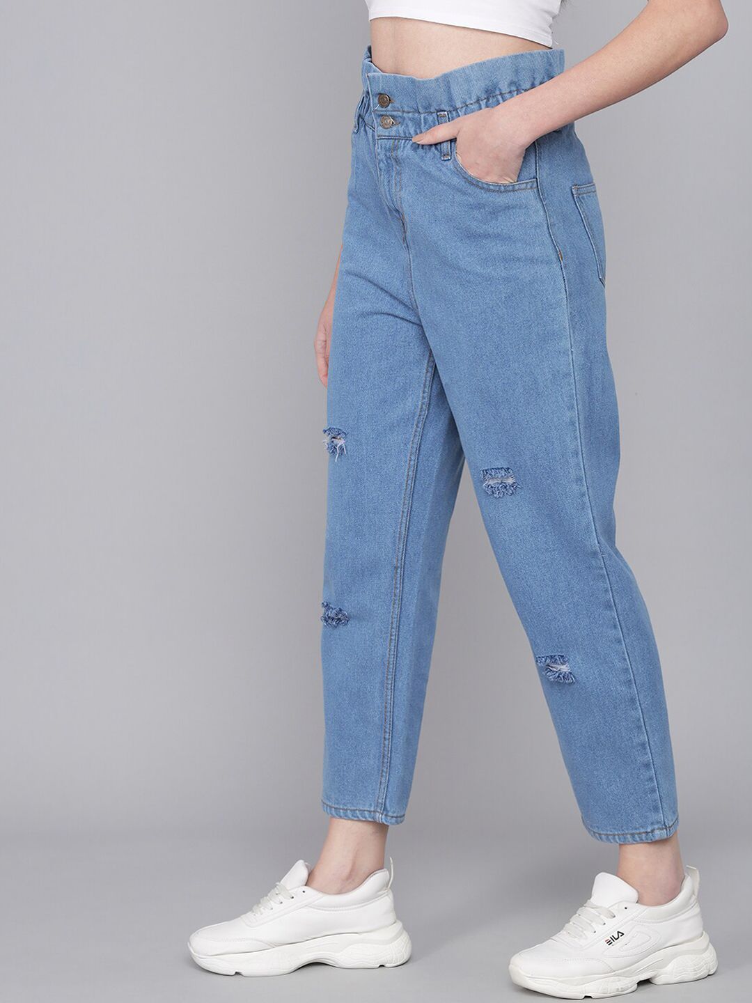 Kotty Women Blue Boyfriend Fit High-Rise Mildly Distressed Jeans