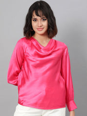 Kotty Pink Cowl Neck Cuffed Sleeve Satin Regular Top