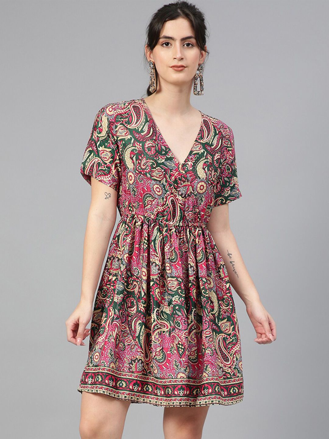 Kotty Ethnic Motifs Printed V-Neck Fit & Flare Dress