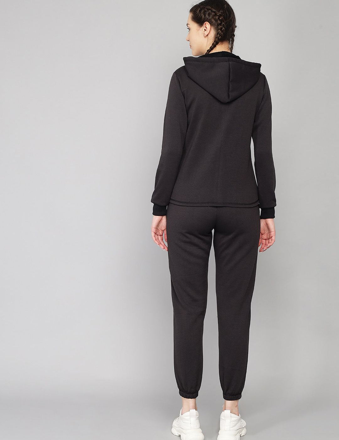 Kotty Black Solid Hooded Regular Fit Winter Sweatshirt & Joggers Set