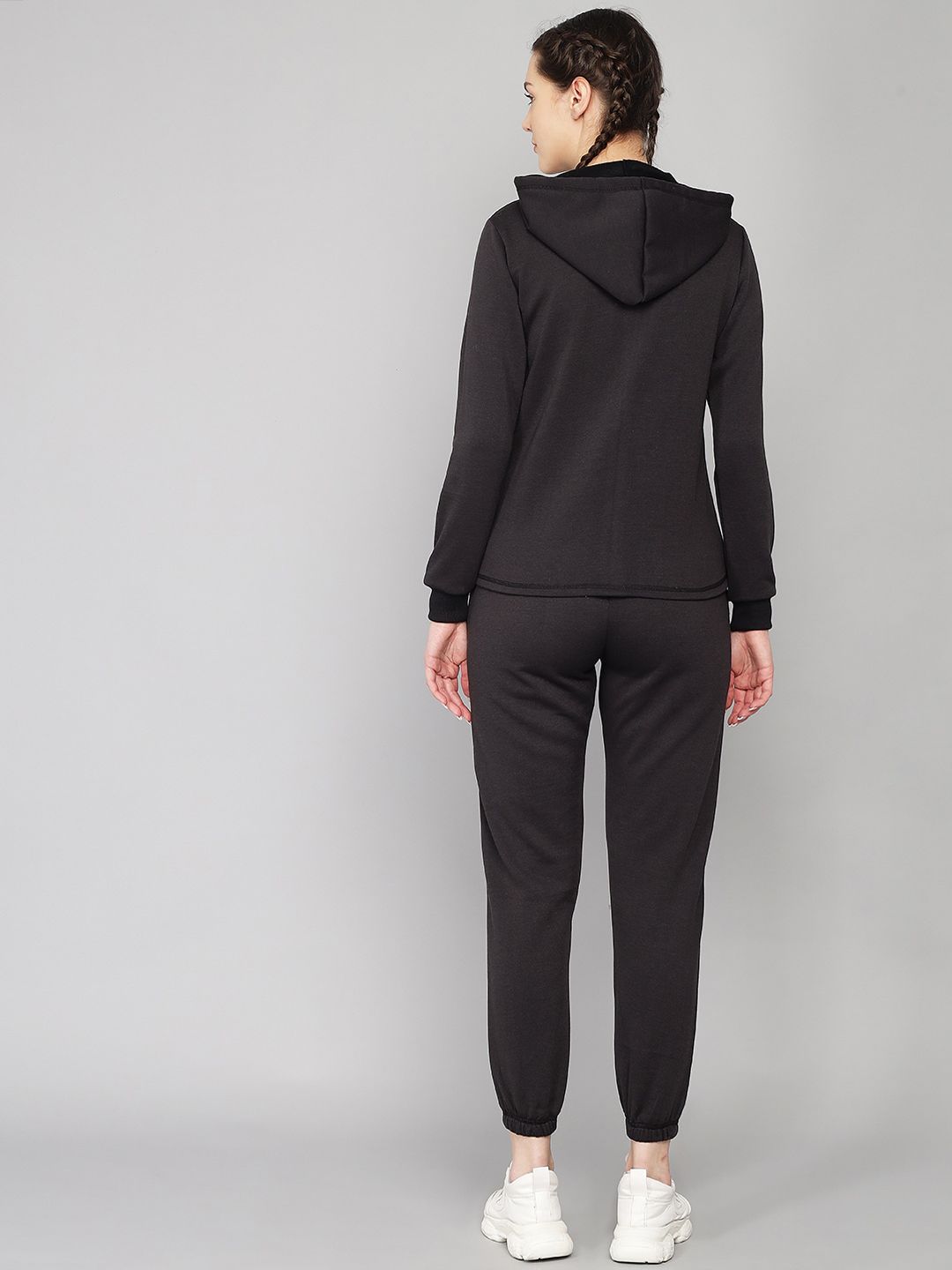 Kotty Black Solid Hooded Regular Fit Winter Sweatshirt & Joggers Set