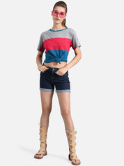 Kotty Women Blue & Grey Colourblocked Round Neck T-shirt