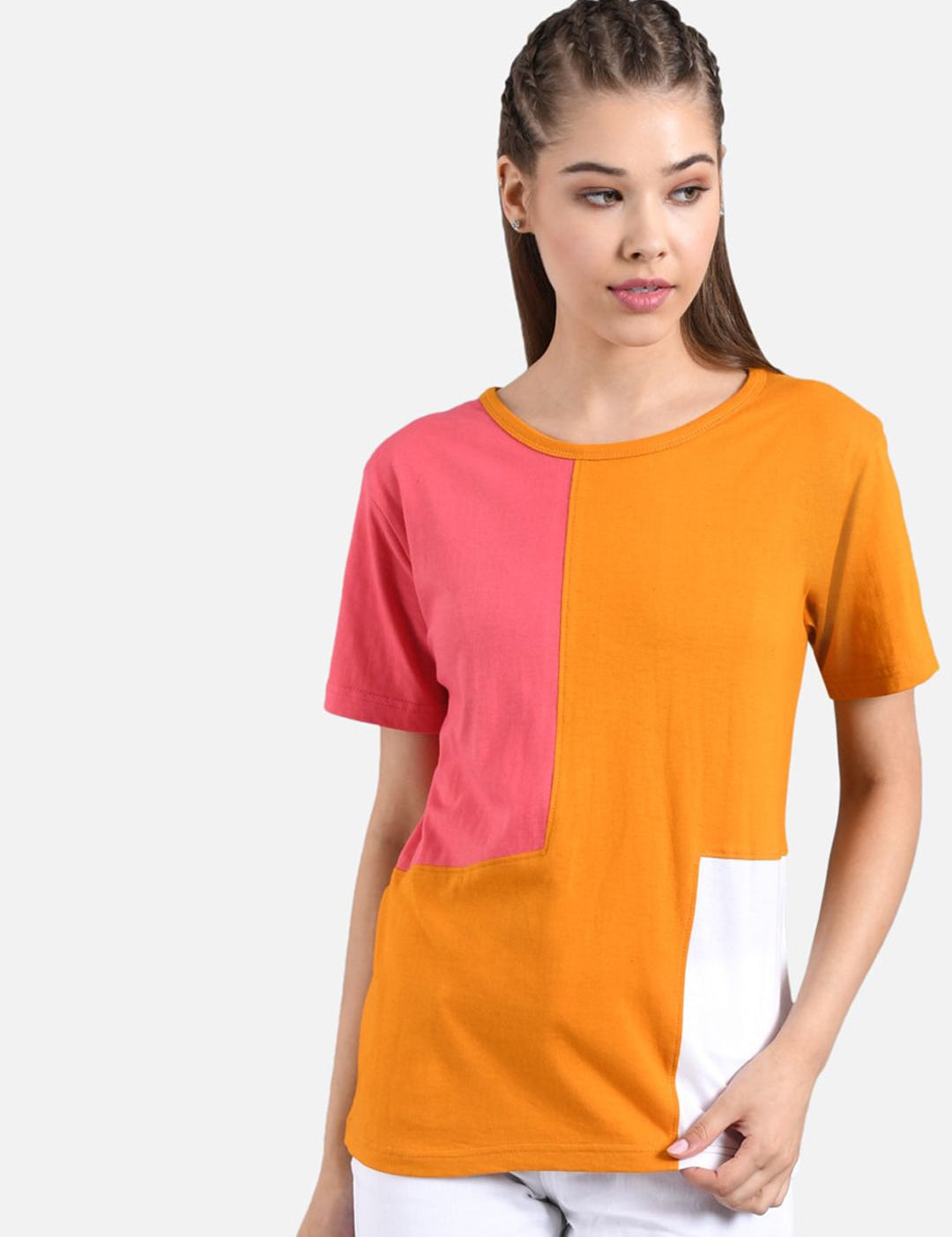 Kotty Women Orange & Pink Colourblocked Round Neck T-shirt