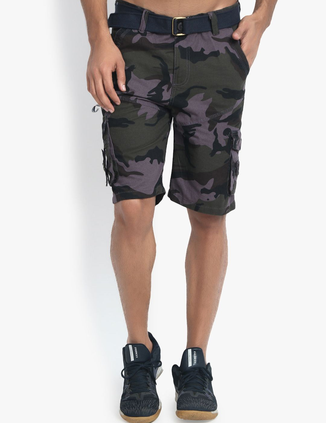Kotty Men Purple & Green Camouflage Printed Regular Fit Cargo Shorts