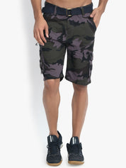 Kotty Men Purple & Green Camouflage Printed Regular Fit Cargo Shorts