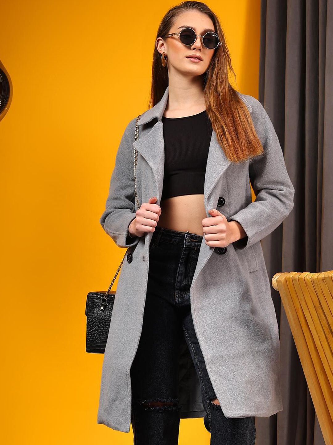 Kotty Women Solid Notched Lapel Single-Breasted Overcoat