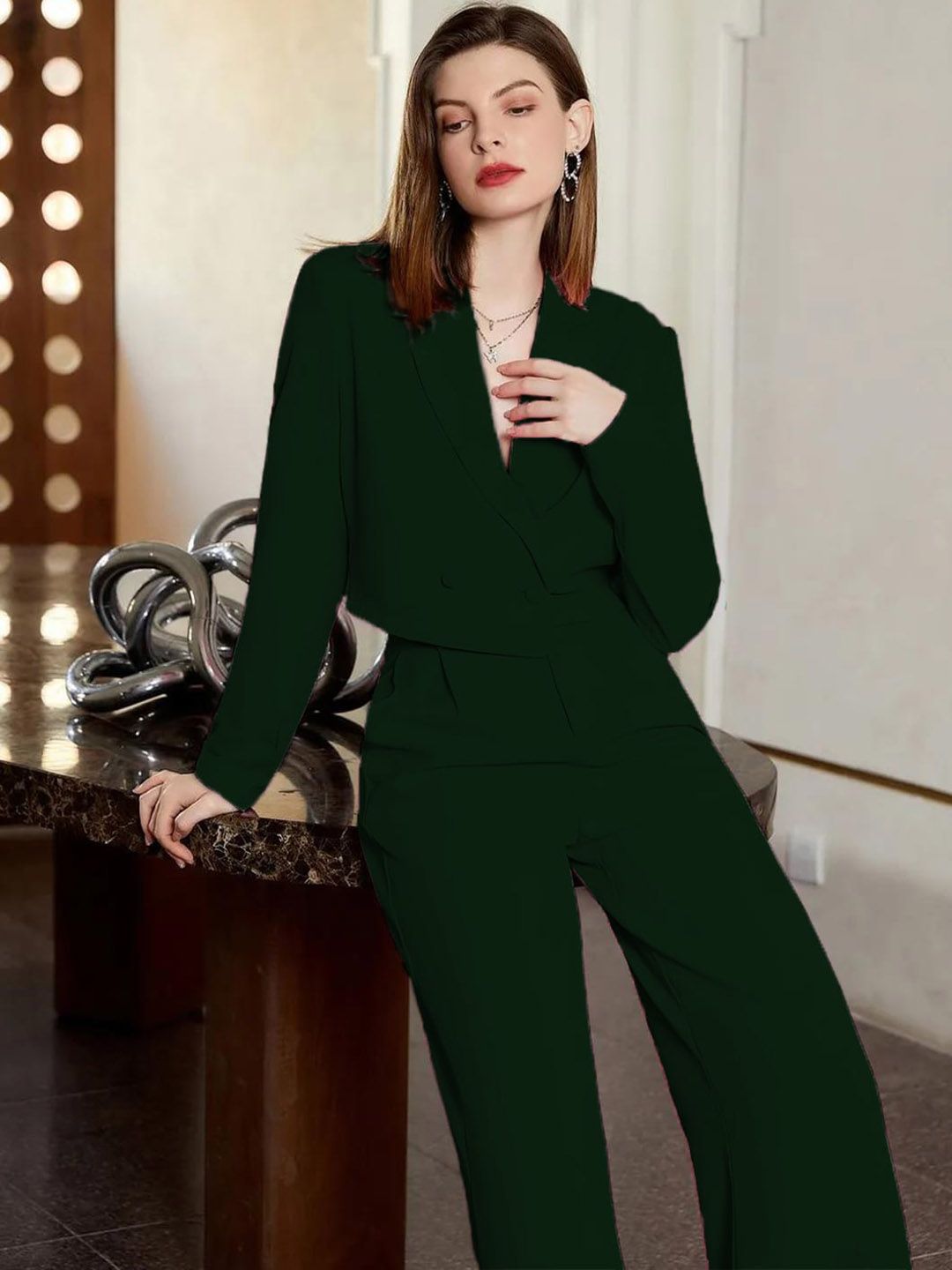 KOTTY BIZwear Green Notched Lapel Collar Top With Trousers