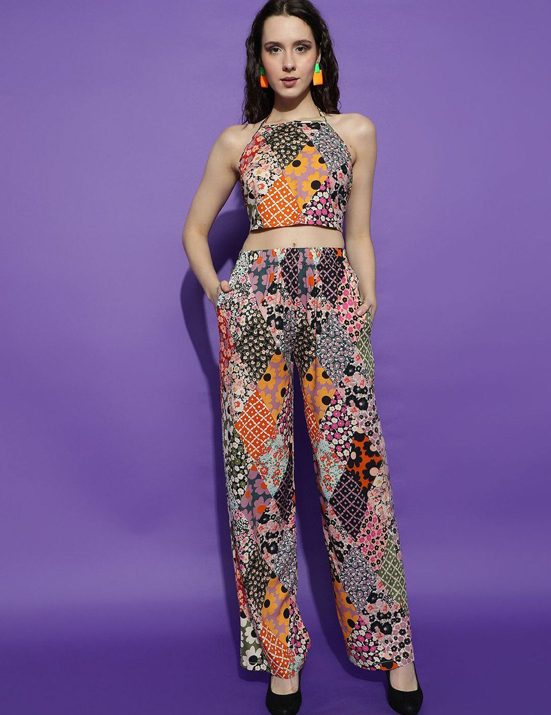 Kotty Black Floral Printed Halter Neck Sleeveless Top With Trousers 
