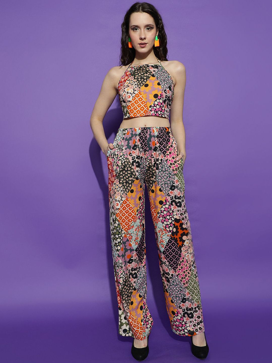 Kotty Black Floral Printed Halter Neck Sleeveless Top With Trousers 