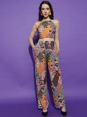 Kotty Black Floral Printed Halter Neck Sleeveless Top With Trousers 