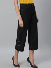 Kotty Women Black Solid Cotton High-Rise Crop Flared Jeans
