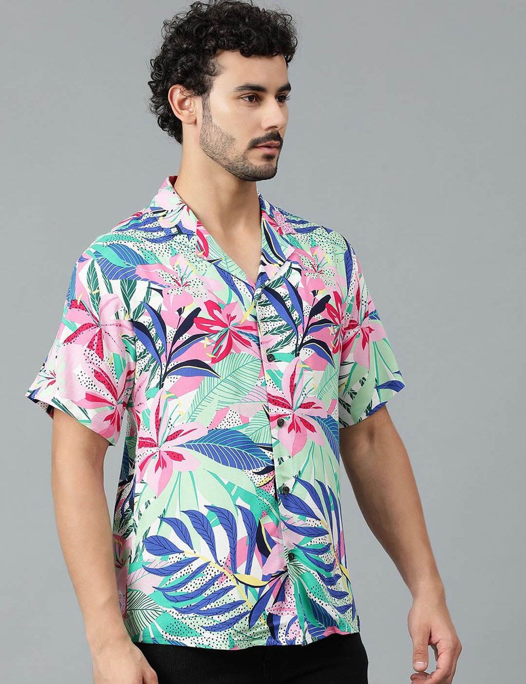 Kotty Men Cuban Collar Floral Printed Casual Shirt
