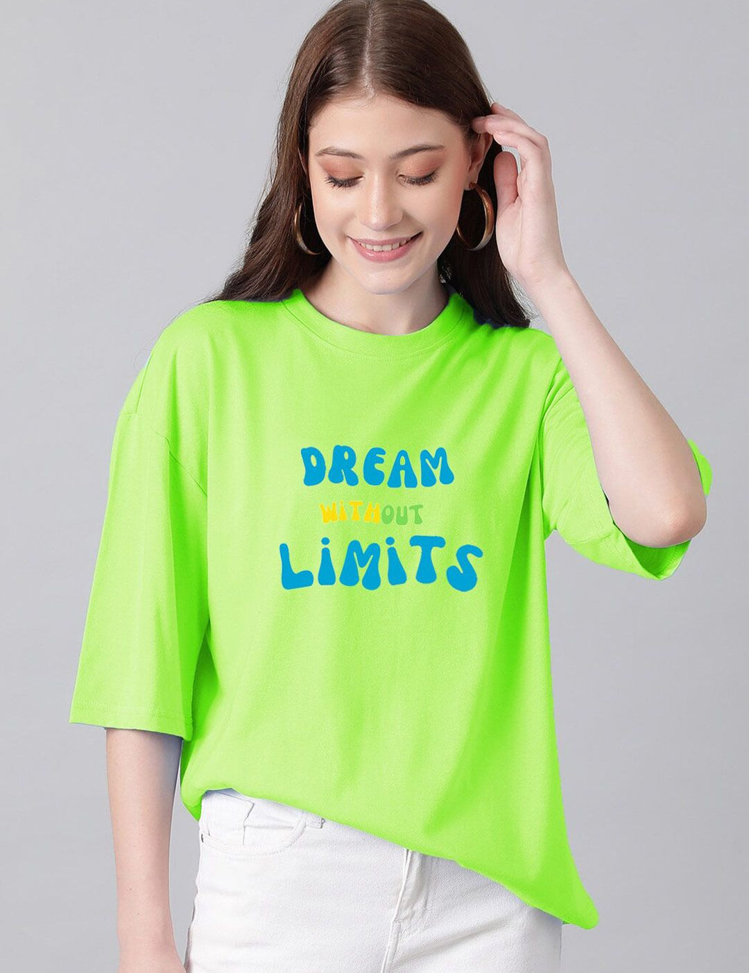 Kotty Lime Green & Blue Typography Printed Drop Shoulder Sleeves Oversized Casual T-Shirt