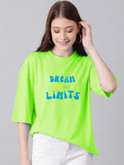 Kotty Lime Green & Blue Typography Printed Drop Shoulder Sleeves Oversized Casual T-Shirt