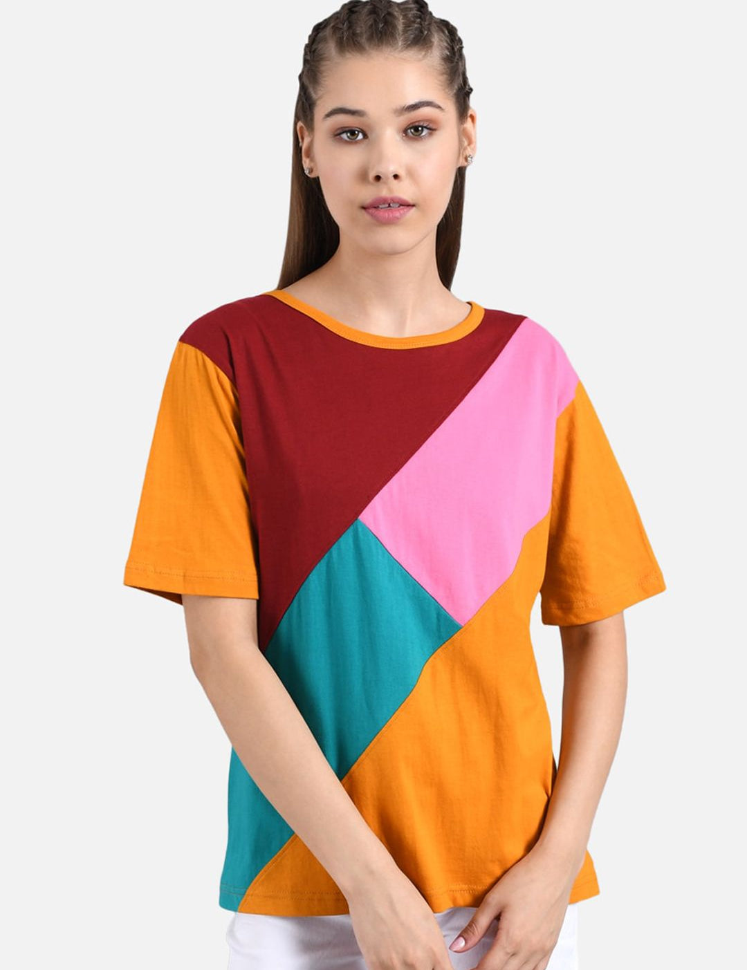 Kotty Women Orange & Maroon Colourblocked Round Neck T-shirt