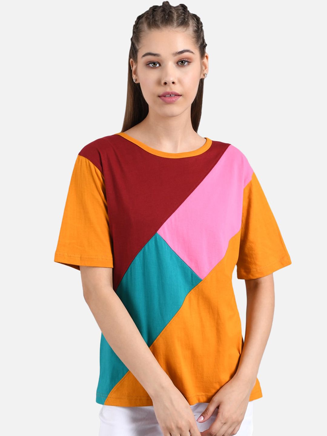 Kotty Women Orange & Maroon Colourblocked Round Neck T-shirt