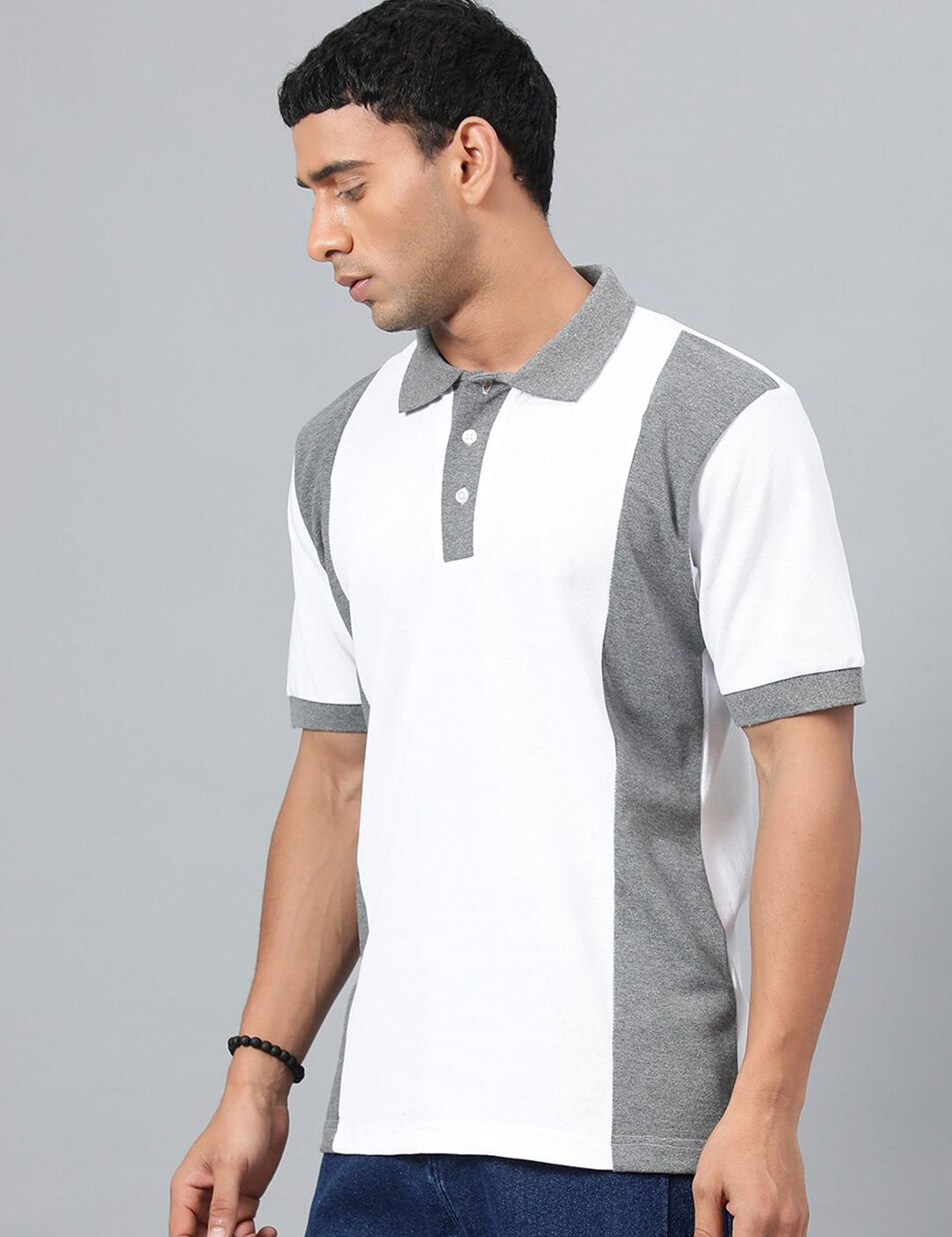 Kotty White & Grey Colourblocked Polo Collar T-shirt
