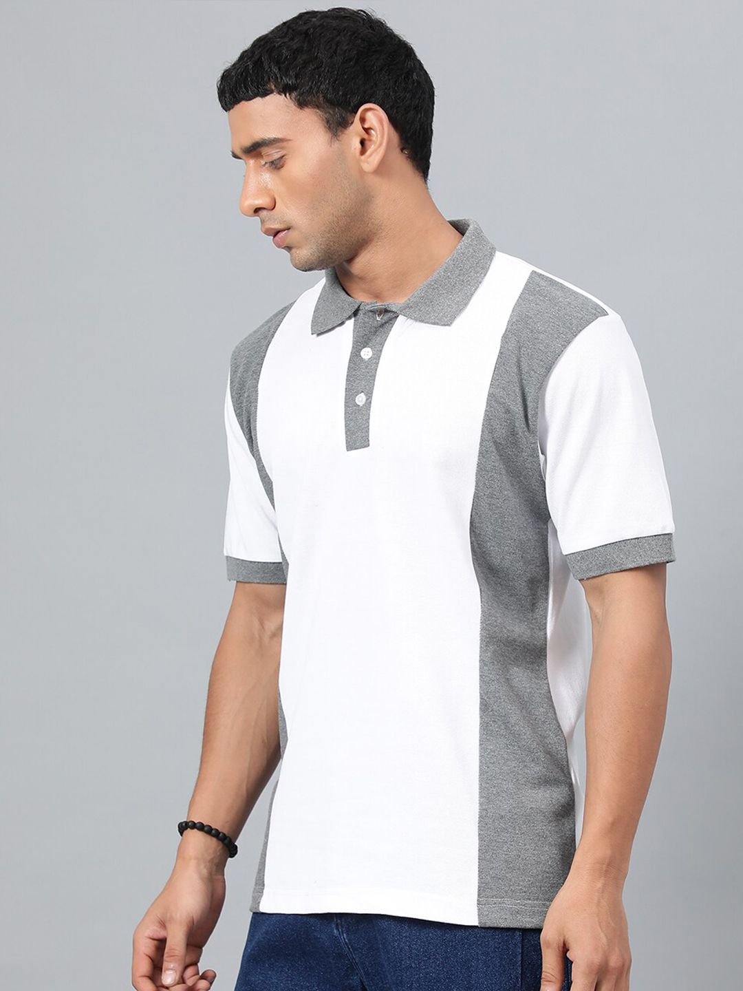 Kotty White & Grey Colourblocked Polo Collar T-shirt