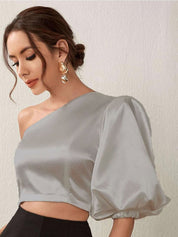 Kotty One Shoulder Puff Sleeve Satin Crop Top