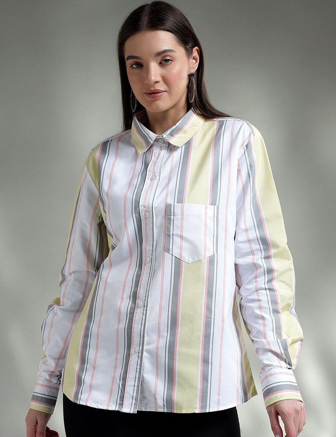Kotty Women Spread Collar Vertical Striped Cotton Oversized Casual Shirt