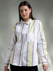 Kotty Women Spread Collar Vertical Striped Cotton Oversized Casual Shirt