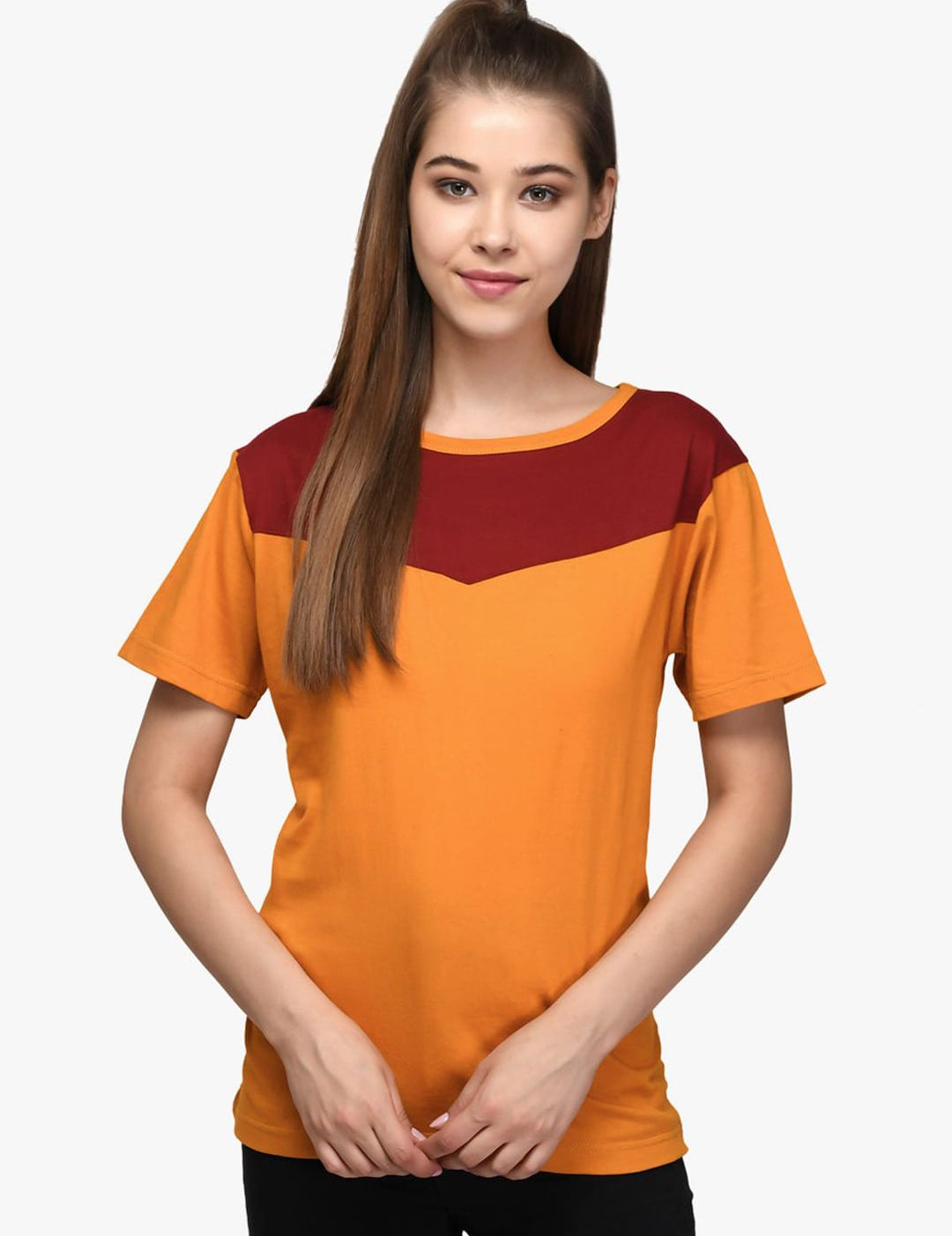 Kotty Women Maroon & Orange Colourblocked Boat Neck T-shirt