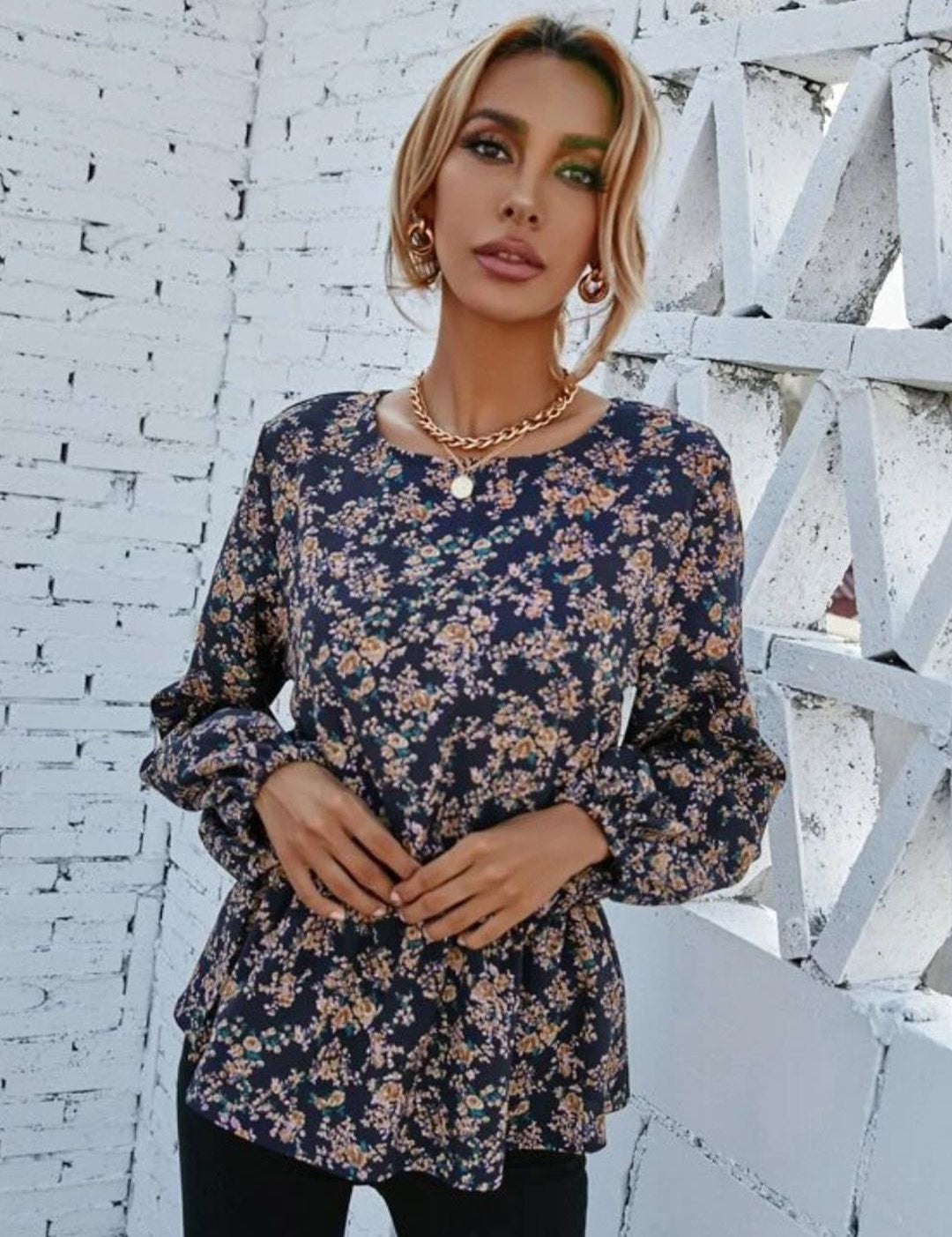 Kotty Blue Floral Printed Satin Cinched Waist Top