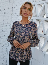 Kotty Blue Floral Printed Satin Cinched Waist Top