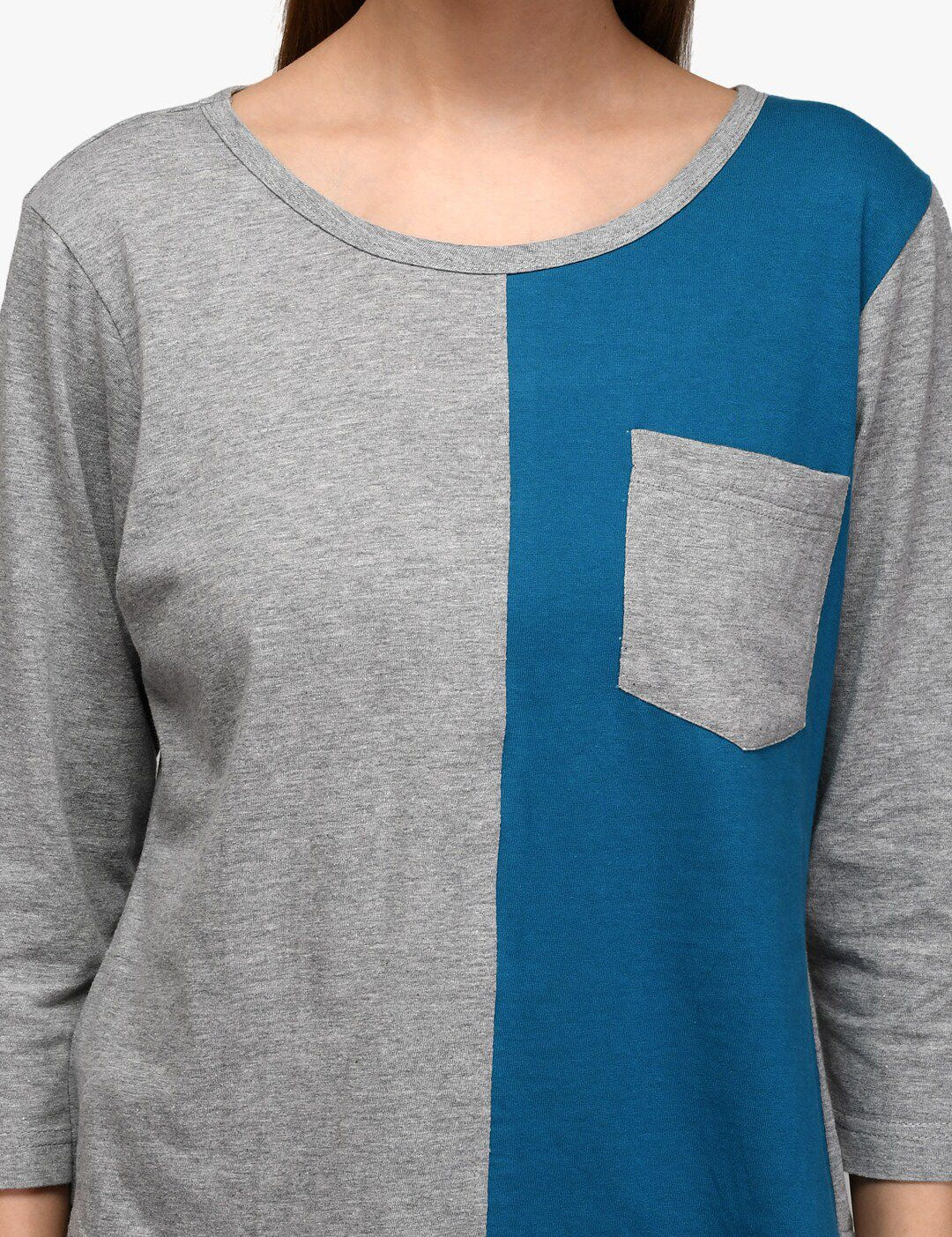Kotty Women Blue & Grey Colourblocked Round Neck T-shirt