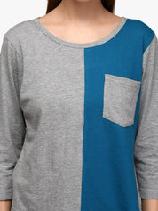 Kotty Women Blue & Grey Colourblocked Round Neck T-shirt