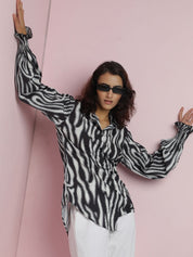 Kotty Women Spread Collar Abstract Printed Abstract Crepe Oversized Casual Shirt