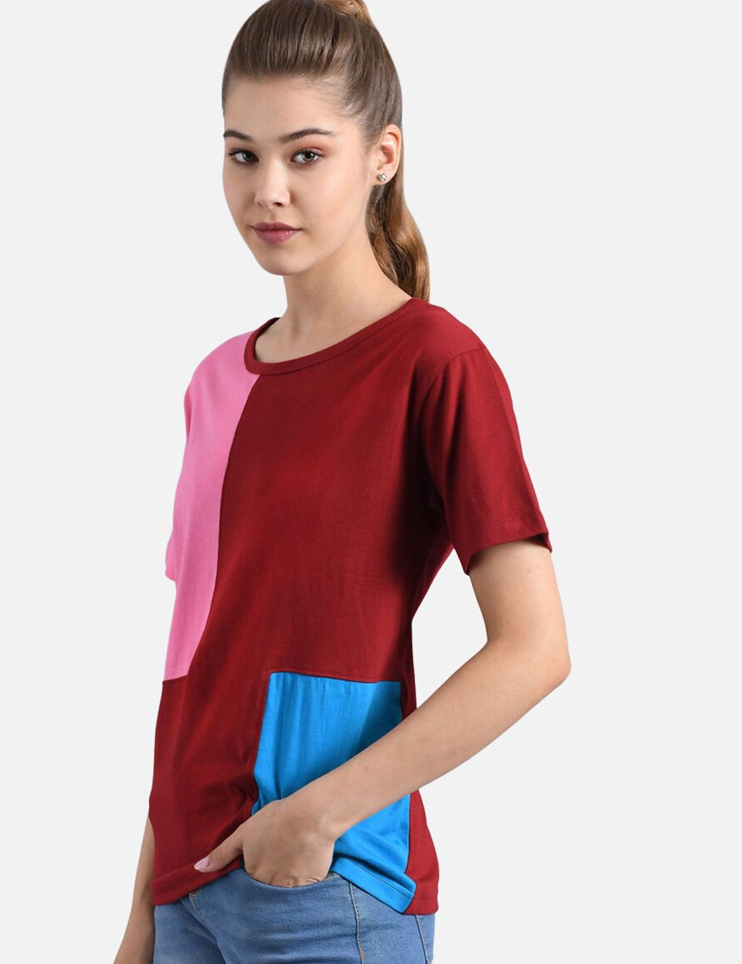 Kotty Women Maroon & Turquoise Blue Colourblocked Round Neck T-shirt
