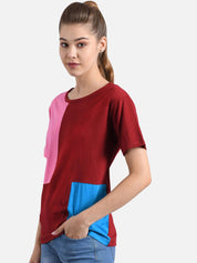 Kotty Women Maroon & Turquoise Blue Colourblocked Round Neck T-shirt