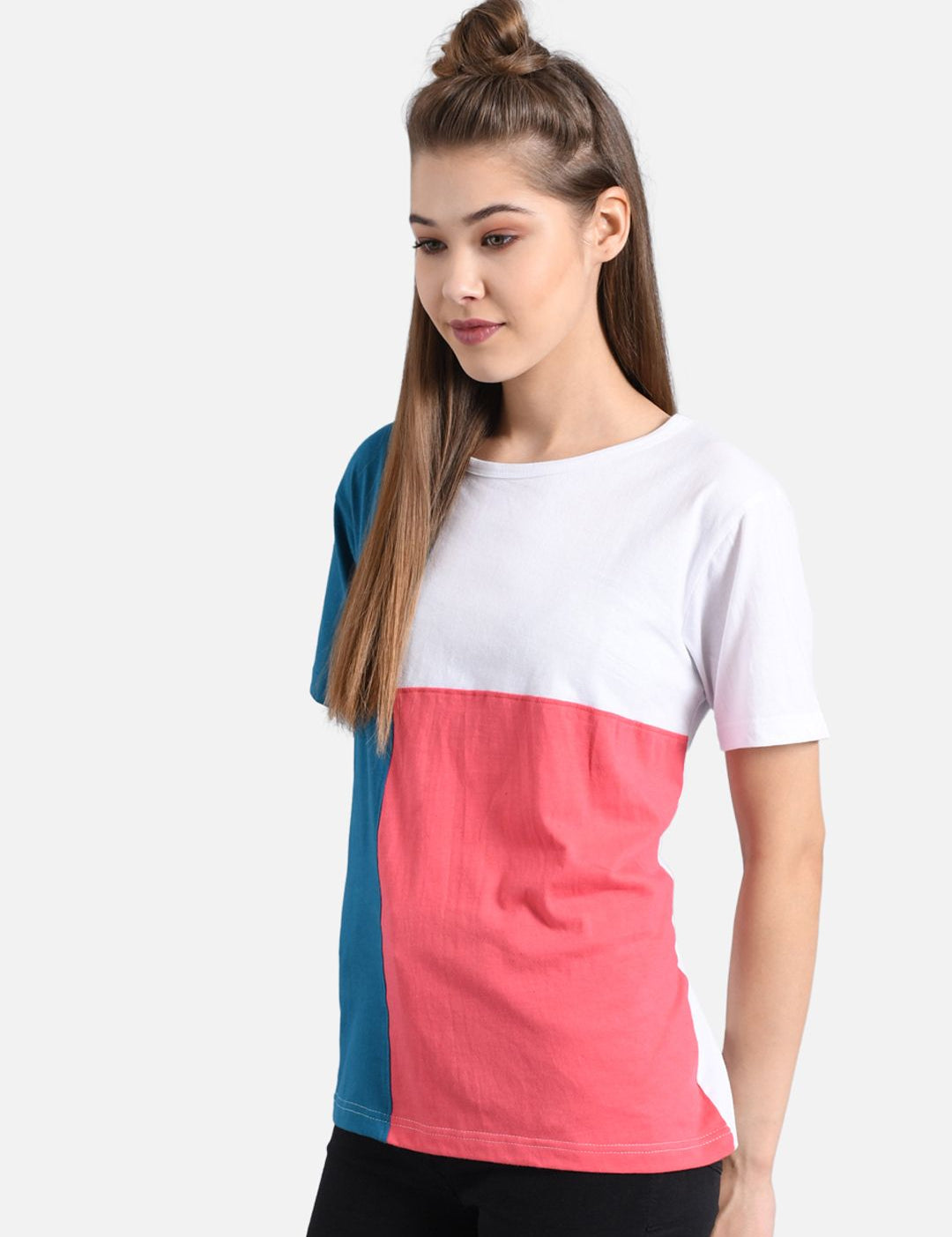 Kotty Women Navy Blue & Coral Pink Colourblocked Boat Neck T-shirt