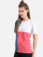 Kotty Women Navy Blue & Coral Pink Colourblocked Boat Neck T-shirt