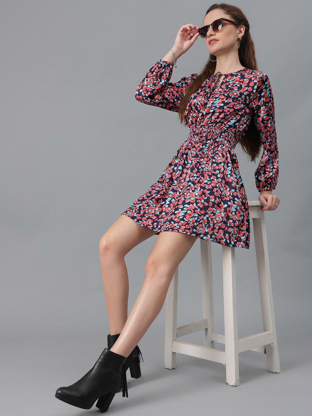 Kotty Navy Blue & Red Floral Printed Tie Up Neck Crepe Smocked Fit & Flare Dress