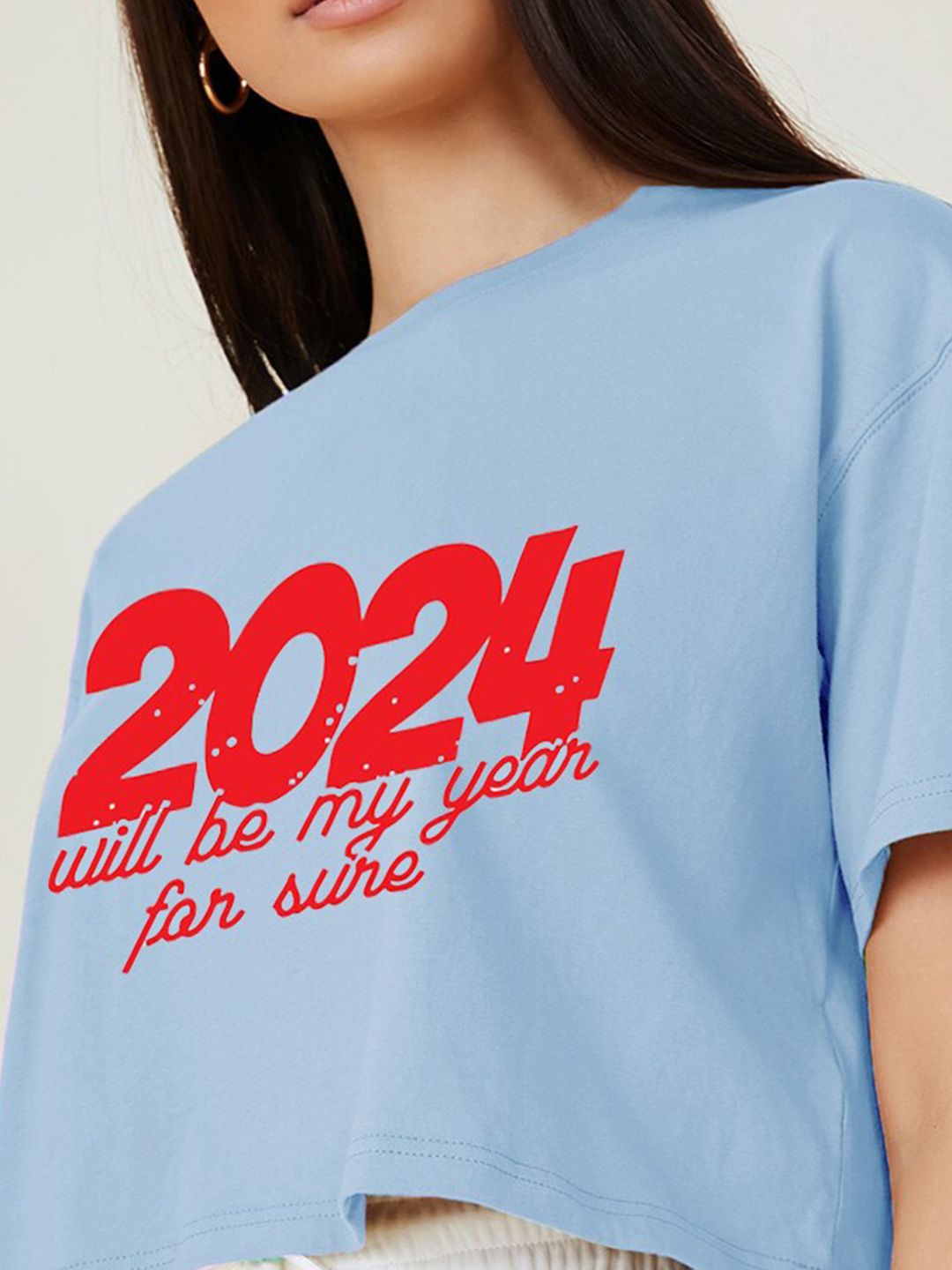 Kotty Typography Printed Round Neck Crop Oversized T-shirt