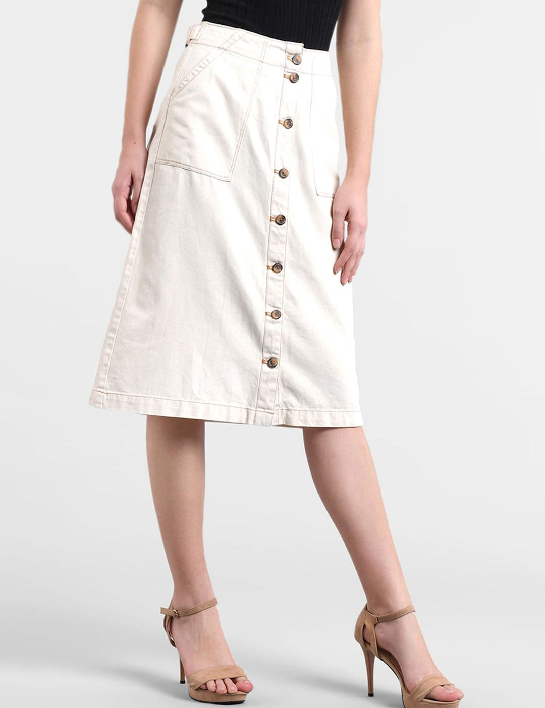 Kotty Women Cream-Coloured Solid Denim Denim A-Line Skirt